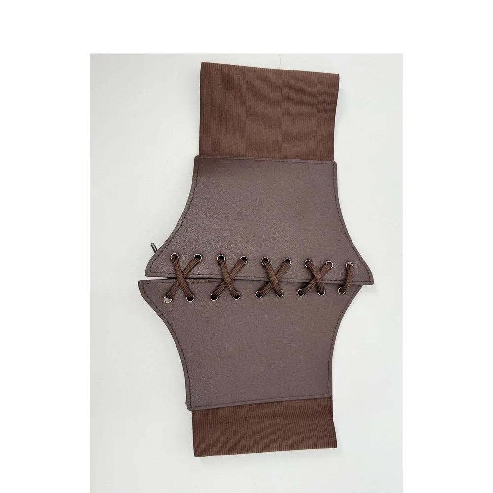 Unbranded Corset Belt Women OS Brown Lace Up Elastic Cinch Waist Faux Leather
